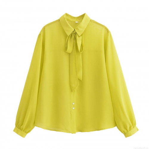 Elegant Women's Chiffon Long Sleeve Blouse With Bow Tie Neck Solid Color Lime Green Button Up Shirt For Daily Commuting Office Lady