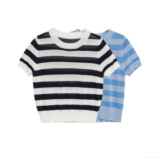 Women's Casual Striped Mercerized Cotton Short Sleeve Knit Top Slim Fit Round Neck Cropped Ribbed Tee Streetwear T-Shirt For Women Summer