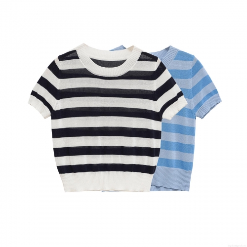 Women's Casual Striped Mercerized Cotton Short Sleeve Knit Top Slim Fit Round Neck Cropped Ribbed Tee Streetwear T-Shirt For Women Summer