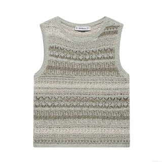 Women Retro Openwork Knit Tank Top Sleeveless Crochet Stripe Vest Vintage Slim Fit Knitted Sweater Top For Summer Vacation