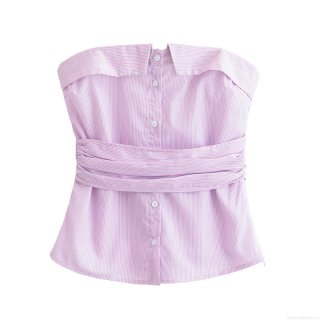 Women's Sexy Striped Tube Top Strapless Off Shoulder Shirt Button Up Waist Tie Pleated Slim Fit Top For Summer Daily Casual Wear