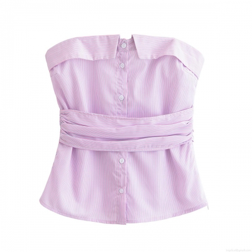Women's Sexy Striped Tube Top Strapless Off Shoulder Shirt Button Up Waist Tie Pleated Slim Fit Top For Summer Daily Casual Wear
