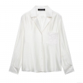 Elegant Women's Satin White Shirt With Embroidery Pocket Long Sleeve Button Down Blouse For Office Casual Party Lady Tops