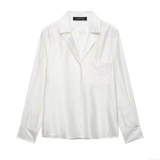 Elegant Women's Satin White Shirt With Embroidery Pocket Long Sleeve Button Down Blouse For Office Casual Party Lady Tops