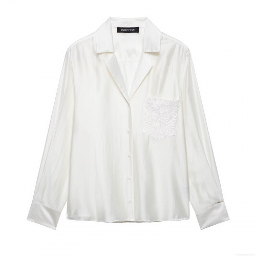 Elegant Women's Satin White Shirt With Embroidery Pocket Long Sleeve Button Down Blouse For Office Casual Party Lady Tops