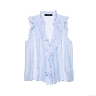 Women's Elegant Light Blue V Neck Sleeveless Ruffle Blouse Top Layered Button Up Polyester Solid Color Summer Slim Fit Shirt For Women Socialite Style