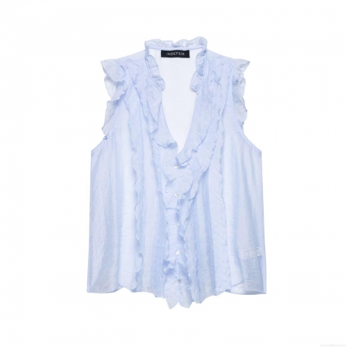Women's Elegant Light Blue V Neck Sleeveless Ruffle Blouse Top Layered Button Up Polyester Solid Color Summer Slim Fit Shirt For Women Socialite Style