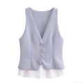 Women French Style Striped Patchwork Vest Elegant V-Neck Button Down Fake Two-Piece Sleeveless Top Polyester Waistcoat For Daily Office Dating