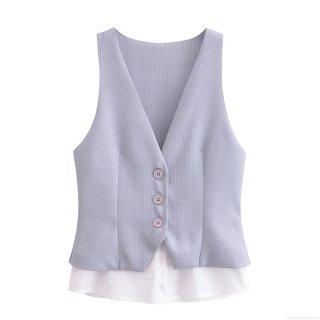Women French Style Striped Patchwork Vest Elegant V-Neck Button Down Fake Two-Piece Sleeveless Top Polyester Waistcoat For Daily Office Dating