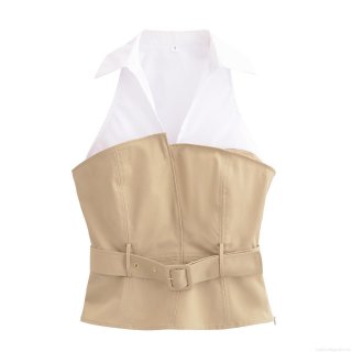 Women's Fashion Halter Neck Patchwork Top Elegant Sleeveless Shirt Collar Waist Seal Belted Blouse Sexy Backless Pullover Top For Party Socialite Style White Khaki 100% Polyester