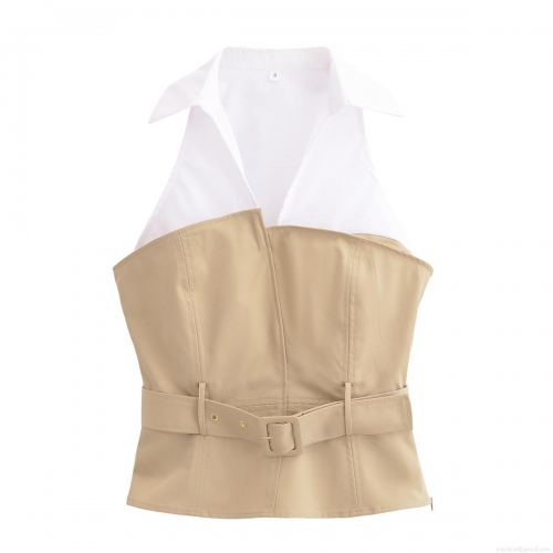 Women's Fashion Halter Neck Patchwork Top Elegant Sleeveless Shirt Collar Waist Seal Belted Blouse Sexy Backless Pullover Top For Party Socialite Style White Khaki 100% Polyester