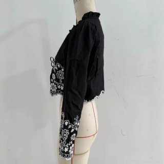 Women Embroidered Tie Front Blouse Polyester Cotton Floral Ruffle Long Sleeve Short Top For Casual Date Retro Sweet Fashion Ladies Shirt