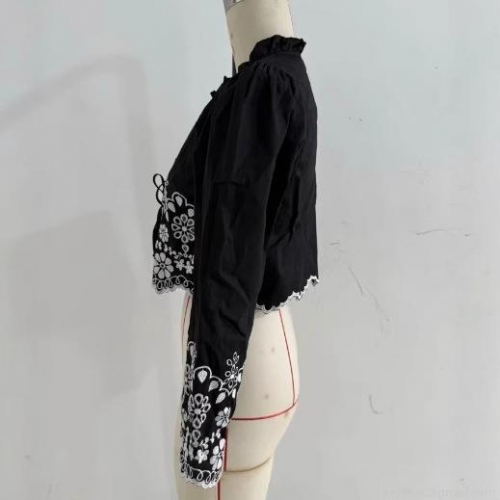 Women Embroidered Tie Front Blouse Polyester Cotton Floral Ruffle Long Sleeve Short Top For Casual Date Retro Sweet Fashion Ladies Shirt