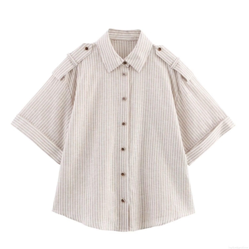 Women Casual Linen Vertical Striped Shirt With Metallic Thread Detail Short Sleeve Button Down Blouse Top With Shoulder Tabs Office Daily Wear
