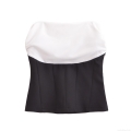 French Chic Women Sexy Strapless Tube Top Black and White Color Block Pleated Slim Fit Bandeau Crop Top for Party Club Fashion
