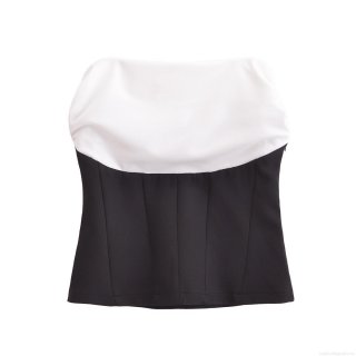 French Chic Women Sexy Strapless Tube Top Black and White Color Block Pleated Slim Fit Bandeau Crop Top for Party Club Fashion