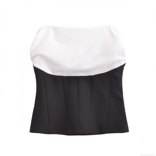 French Chic Women Sexy Strapless Tube Top Black and White Color Block Pleated Slim Fit Bandeau Crop Top for Party Club Fashion