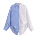 Women's Color Block Striped Long Sleeve Shirt Polyester Button Down Blouse With Pocket Casual Office Fashion Button Up Top