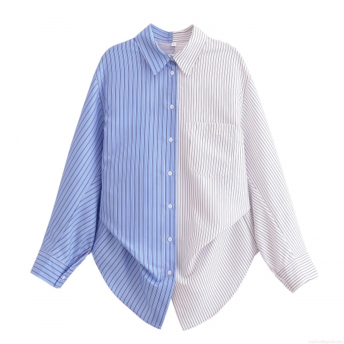 Women's Color Block Striped Long Sleeve Shirt Polyester Button Down Blouse With Pocket Casual Office Fashion Button Up Top