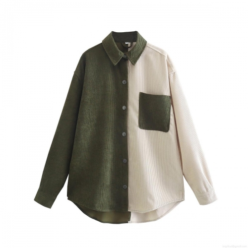 Women's Color-Block Corduroy Shirt Loose Fit Long Sleeve Button Down Blouses With Pocket Casual Retro 100% Polyester Tops For Women