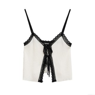 Women's Sexy Lace Trim Mercerized Cotton Camisole V Neck Contrast Color Ribbed Knit Tank Top With Bow Tie For Summer Dating Ladies Breathable Top