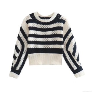 Women's French Vintage Hollow Out Striped Knit Sweater 100% Polyester Round Neck Long Sleeve Casual Loose Cropped Pullover Jumper For Streetwear Women