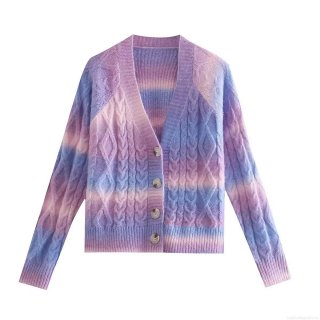 Women's Ombre Tie-Dye Knit Cardigan Acrylic Polyester Wool Blend V-Neck Button Up Cable Knit Sweet Loose Style Soft Warm Outerwear Sweater