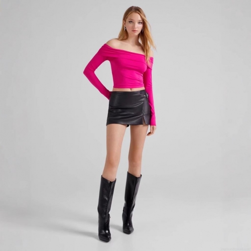 Sexy Off-Shoulder Long Sleeve Top Women Solid Color Slim Fit One-Word Neck Pullover Streetwear Polyester Casual Tee T-Shirt
