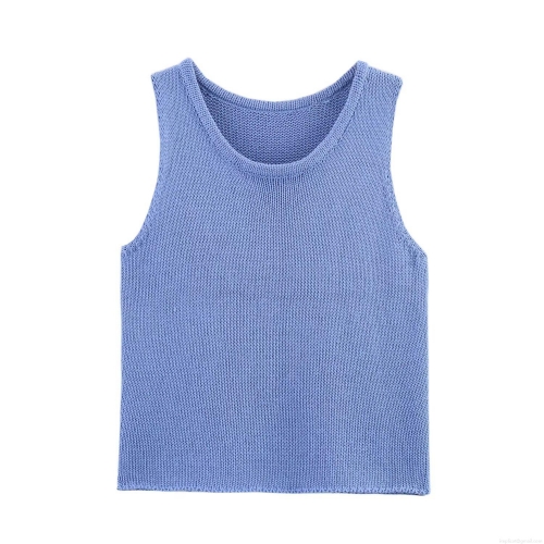Women's Casual Slim Fit Knit Vest Sleeveless Round Neck Solid Color Crop Top Pullover For Daily Wear Party Summer Blue Knitwear