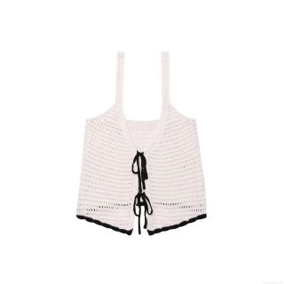 Women Crochet Knit Camisole Top Hollow Out Polyester Double Bow Tie Front Contrast Trim Sleeveless Crop Top Sweet Chic Beach Vacation Tank Top