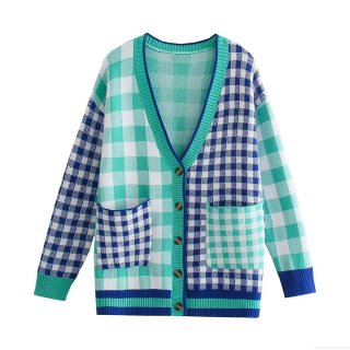 Women's Color Block Checkerboard Knit Cardigan Fashion V-Neck Single Breasted Long Sleeve Loose Sweater With Pockets Casual Tops