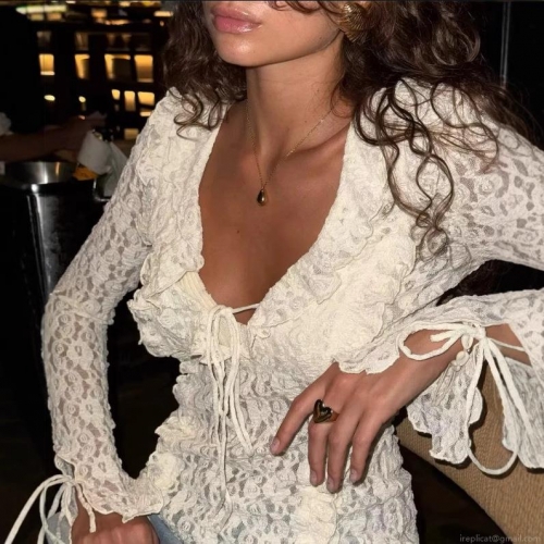 Women's Fashion Lace Blouse Ruffle V Neck Long Sleeve Mesh Sheer Shirt Elegant Slim Fit Tops For Dating Party White Hollow Out Patchwork Sweet Style