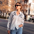 Women's White Floral Embroidered Blouse Ruffle Stand Collar Long Lantern Sleeve Button Down Shirt Sweet Bohemian Polyester Tops
