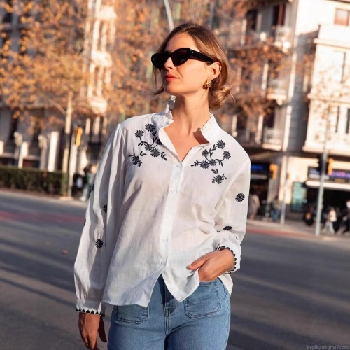 Women's White Floral Embroidered Blouse Ruffle Stand Collar Long Lantern Sleeve Button Down Shirt Sweet Bohemian Polyester Tops