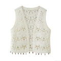 Women Crochet Tank Top With Shell Tassel Boho Knit Vest Hollow Out V-Neck Pullover Crop Top For Summer Beach Vacation Casual Sleeveless Top