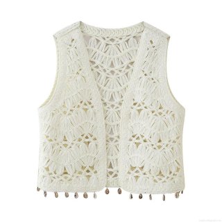 Women Crochet Tank Top With Shell Tassel Boho Knit Vest Hollow Out V-Neck Pullover Crop Top For Summer Beach Vacation Casual Sleeveless Top