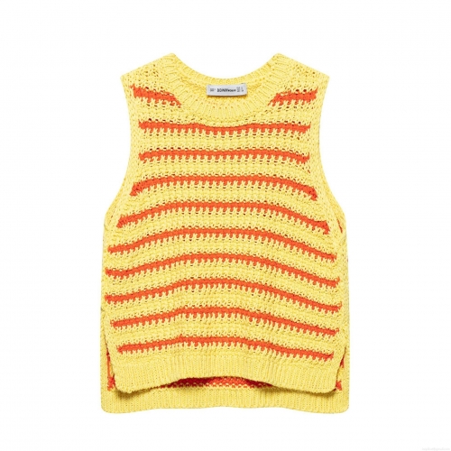 Women Stripe Knit Tank Top Polyester Sleeveless Round Neck Sweater Vest With Side Slit Casual Sweet Summer Knitwear For Women