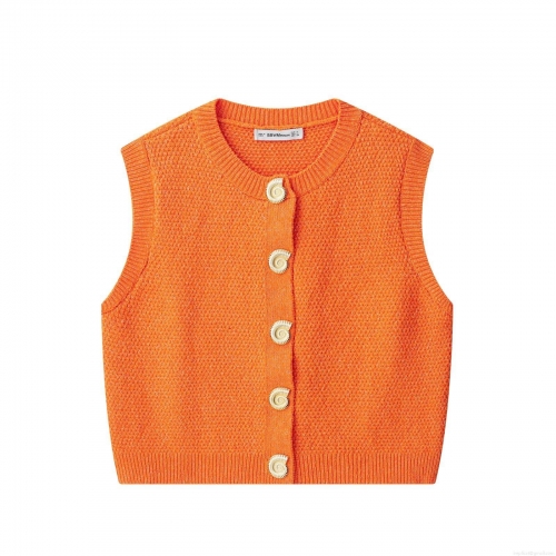 Women's Vintage Knit Button Up Vest Retro Solid Color Round Neck Sleeveless Sweater Cardigan Top With Metal Shell Shape Buttons Polyester