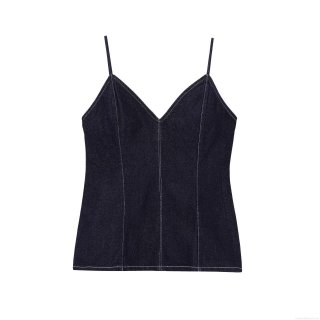 Women's Sexy V-Neck Denim Polyester Blend Camisole Top With Back Zipper Contrast Stitching Slim Fit Short Tank Top For Summer Daily Wear