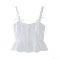 Women Sexy White Bow Shoulder Strap Camisole Ruffle Hem Slim Fit Woven Polyester Tank Top With Back Zipper Summer Streetwear Fashion Top