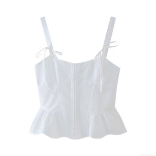 Women Sexy White Bow Shoulder Strap Camisole Ruffle Hem Slim Fit Woven Polyester Tank Top With Back Zipper Summer Streetwear Fashion Top
