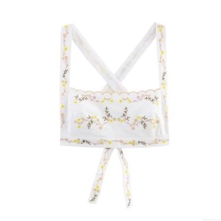 Women White Floral Embroidery Crop Top Sexy Crisscross Halter Camisole With Drawstring Hem Backless Sweet Cami Tank Top For Summer Vacation Party