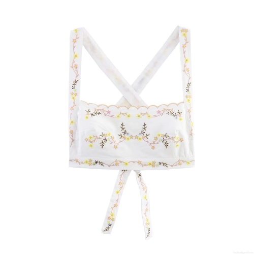 Women White Floral Embroidery Crop Top Sexy Crisscross Halter Camisole With Drawstring Hem Backless Sweet Cami Tank Top For Summer Vacation Party