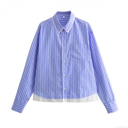Women Fashionable Blue and White Vertical Striped Long Sleeve Shirt Contrast Fake Two-Piece Hem Button Down Collar Blouse with Pocket for Spring Autumn Daily Casual Office Lady Streetwear