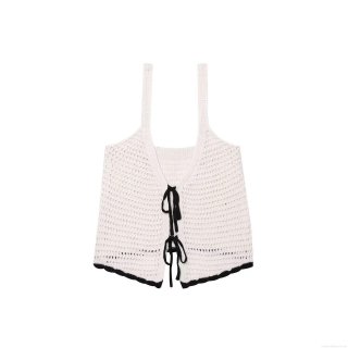 Women's French Romantic Crochet Knitted Tank Top With Black Bow Tie Hollow Out Sleeveless Short Camisole Top For Summer Vacation