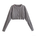 Women's Cropped Cable Knit Sweater Round Neck Long Sleeve 100% Polyester Knitwear Casual Diamond Pattern Pullover Top for Women Spring Autumn