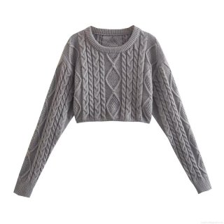 Women's Cropped Cable Knit Sweater Round Neck Long Sleeve 100% Polyester Knitwear Casual Diamond Pattern Pullover Top for Women Spring Autumn