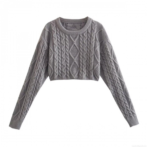 Women's Cropped Cable Knit Sweater Round Neck Long Sleeve 100% Polyester Knitwear Casual Diamond Pattern Pullover Top for Women Spring Autumn