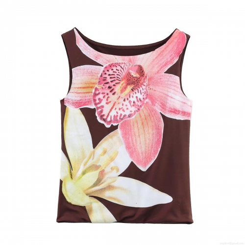 Women's Sleeveless Floral Print Tank Top Brown Polyester Slim Fit Round Neck Vest Summer Casual Socialite Style Camisole Top