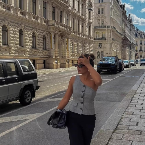 Women's One Shoulder Asymmetric Suit Vest Sexy Button Down Crop Top Grey Polyester Woven Sleeveless Waistcoat For Summer Party Streetwear